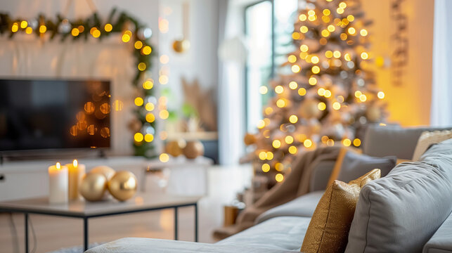 Ein gem&uuml;tliches, hell eingerichtetes Wohnzimmer mit Weihnachtsbaum und winterlicher Dekoration