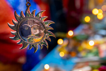 hindu holy sun god idol with blurred background at chhath festival at morning