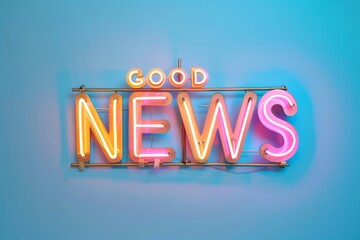 Good news  neon yellow pink sign glowing on light blue wall background - marketing business announcement