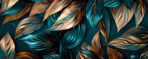 Abstract background with golden and blue leaves in the style of digital art, dark gold and teal, hyperrealistic details