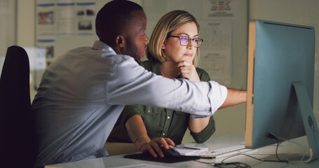 Talking, problem solving or business people on computer for training, system or research online....