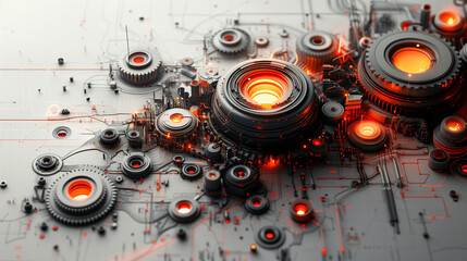 Zahnr&auml;der erheben sich dreidimensional vom Untergrund, die im Stil einer technischen Bleistiftzeichnung gehalten ist, Querformat