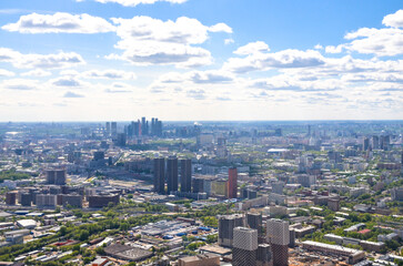 Moscow City skyscrapers and central districts aerial view from Ostankino TV Tower