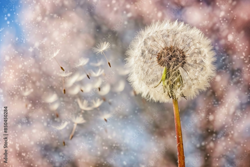 Aufkleber dandelion seeds floating in the air on a gentle blue backdrop with bokeh effects