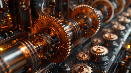Fototapeta premium Nahaufnahme einer langen Welle, auf der verschiedene Zahnräder montiert sind, Steam-Punk Elemente in Kupfer, Querformat