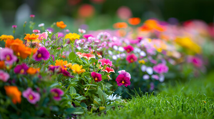 Blooming pancies flowers in gardens, Spring or summer flower garden, Nature colorful background,  Multicolor pansy flowers or pansies as background or card, Field of colorful pansies with white 
