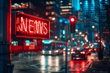 NEWS red neon sign on digital screen glowing at night downtown in big city in busy street with cars traffic and lights