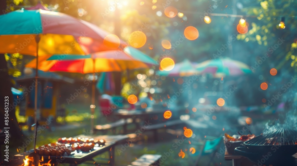 Poster dreamlike image of a summertime barbecue event with colorful umbrellas and grill smoke creating a wh