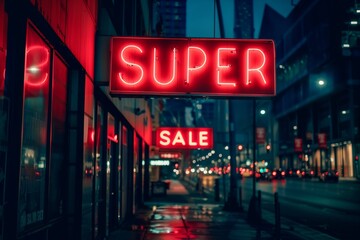 SUPER SALE red neon sign on digital screen glowing at night downtown in big city