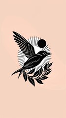 Fototapeta premium Black and White Bird Illustration with Sun and Branch