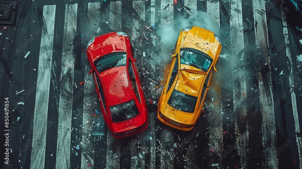 Poster design a rear-end collision at a stop sign intersection, with one driver failing to stop in time.