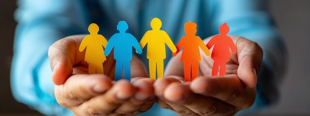 Hands holding colorful paper cutout figures symbolizing diversity, unity, and teamwork on a light background.