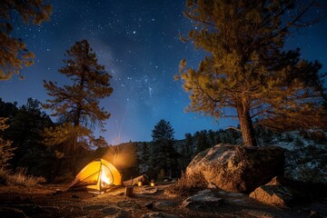 A single tent glows in the forest under a starry night sky. The Milky Way stretches across the dark expanse above