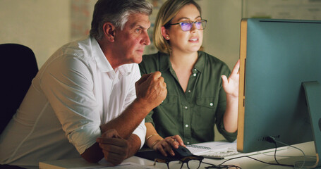 Boss, problem solving or business people on computer for teaching, advice help or research at...