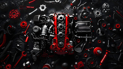 a sleek sports car engine detailed with precision, parts highlighted against a dark background