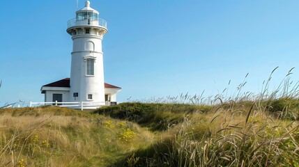 Restored lighthouse with a military memorial, symbolizing hope, resilience, and guiding ships.
