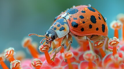 Fototapeta premium Ladybug on a Flower with Dew Drops