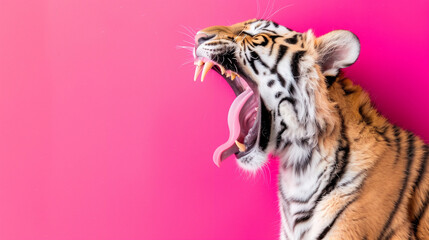 Obraz premium A tiger is shown with its mouth open, looking at the camera