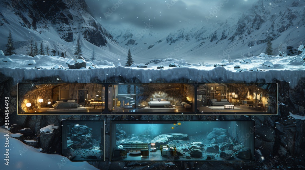 Aufkleber illustrate a cross-section of a futuristic house featuring modular living spaces that can be rearran