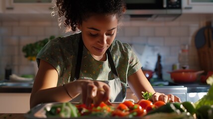 Happy biracial woman in apron preparing food in kitchen seasoning vegetables on baking tray : Generative AI