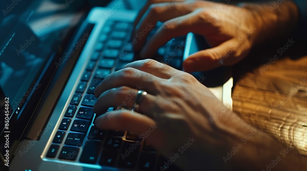 Poster Close up of freelancers developer hands typing program code on laptop keyboard in coworking Businessman at work in working in office Copywriter writing text on computer keyboard in cof : Generative AI