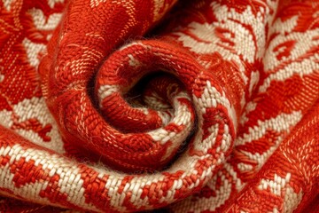 Detailed close up of intricately designed vibrant orange and white patterned fabric