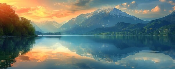 Mountain reflections in lake, golden hour, high definition, warm tones, clear water, peaceful and serene, panoramic view