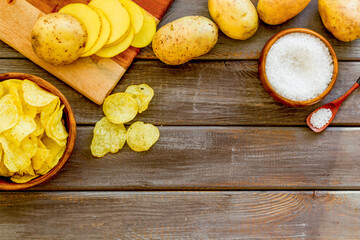 Cooking homemade potato chips - oven backed raw potatoes with salt
