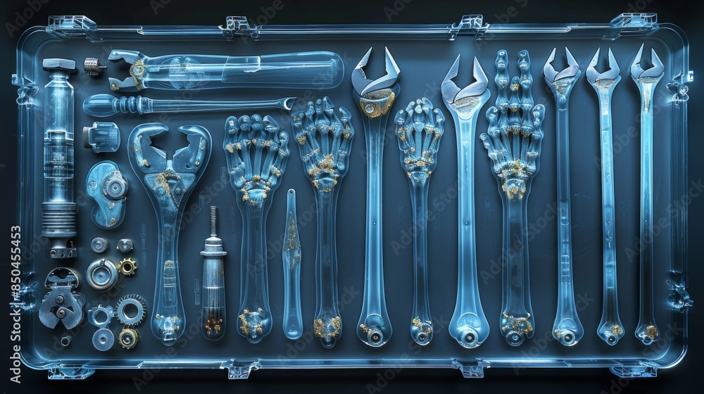 Poster x-ray scan of a set of hand tools, showcasing the shapes and sizes of each tool.