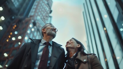 Plakat Happy businessman and businesswoman in the city looking up : Generative AI