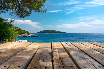 Wooden table on the background of the sea, island and the blue sky. High quality photo