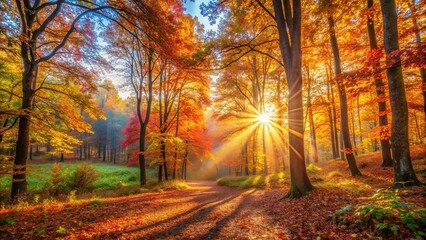 Beautiful sunrise in autumn forest with warm rays of light streaming through colorful foliage, sunrise, autumn, forest