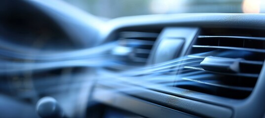 Fototapeta premium Close up of black car ac vent with smooth blue airflow and vertical lines, well lit