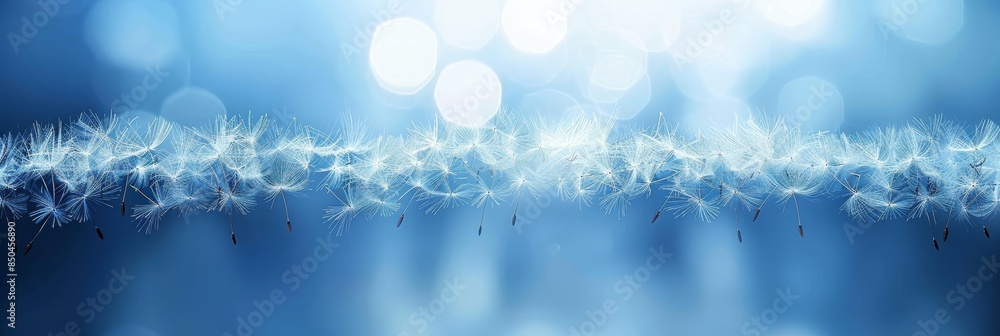 Poster dandelion seeds floating on gentle blue backdrop with bokeh effects for serene visual appeal