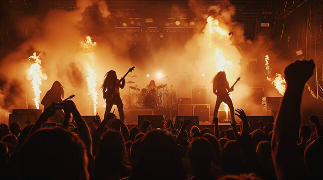 A heavy metal rock concert, where a crowd of fans indulges in the powerful sounds of distorted guitars.
