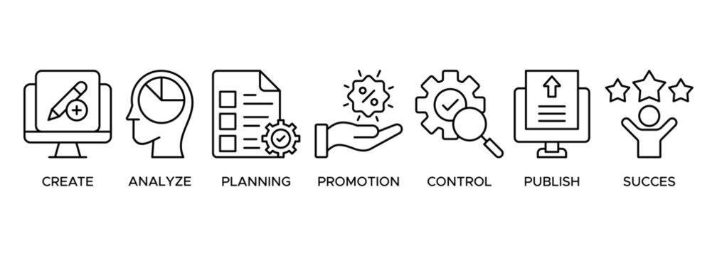 Content strategy banner web icon illustration concept with icon of create, analyze, planning, promotion, control, publish and success