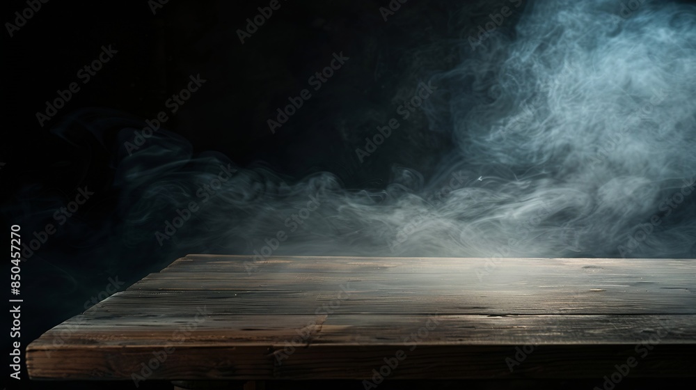 Poster On a black background an empty wooden table with smoke floats up Empty space for displaying your products with a smoke float up on a dark background Space available for displaying your : Generative AI