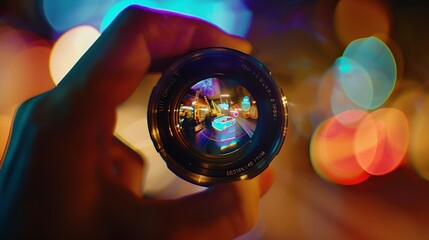 photography view camera photographer lens lense through video photo digital glass hand blurred focus people concept  stock image : Generative AI