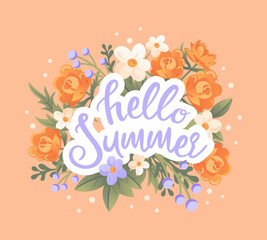 Obraz premium Hello summer. Delicate wildflowers. Trollius, immortelle, chamomile. vector banner. Vintage lettering for advertising, website, poster, flyer. Peach Fuzz
