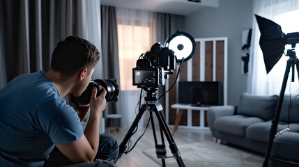 Male professional photographer shooting indoors in the living room home photography for real estate selling houses and apartments including interior design : Generative AI