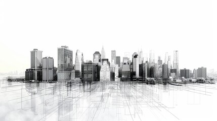 Naklejka premium Minimalist line art, city skyline, black and white, high definition, simple and clean lines, modern urban design, elegant and stylish
