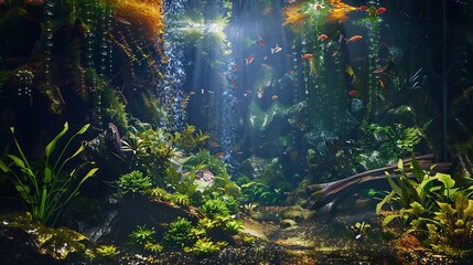 Aquarium with tropical fish jungle landscape with nature forest design tank with variety plants fish drift wood rock stone underwater landscape with a variety of aquatic plants inside : Generative AI