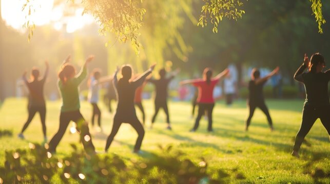 The outdoor Tai Chi class appears as a hazy gathering peacefully practicing in the park.