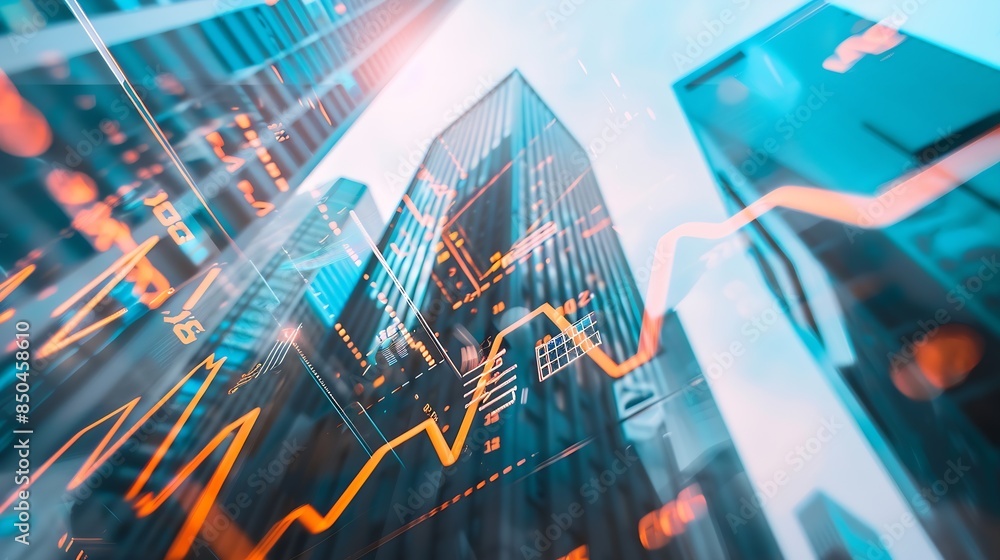 Poster real estate development and investing concept with financial chart indicators and stock market graph