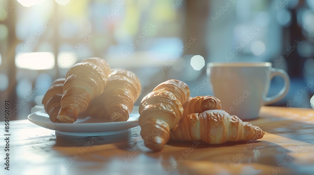 Poster breakfast view a bunch of croissant and a cup of coffee with cafe vibe background : generative ai
