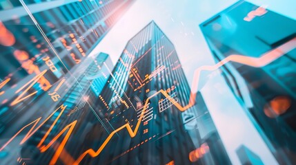 Real estate development and investing concept with financial chart indicators and stock market graphs on city skyscrapers tops bottom view double exposure : Generative AI