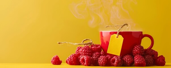 Steaming cup of tea with a blank tag surrounded by fresh raspberries against a yellow background