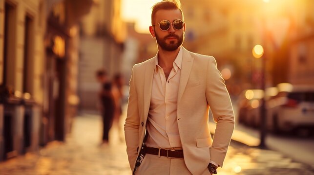 Handsome confident stylish hipster lambersexual modelSexy modern man dressed in elegant beige suit Fashion male posing in the street background in Europe city at sunset In sunglasses : Generative AI