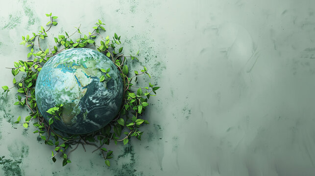 Earth Day Concept: Globe Covered in Green Leaves and Vines for Environmental Conservation Campaign with Text Space