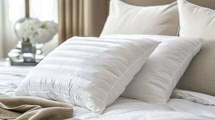 Cozy modern bedroom with white pillows and a neutral-toned headboard, perfect for interior design, relaxation, and lifestyle imagery.